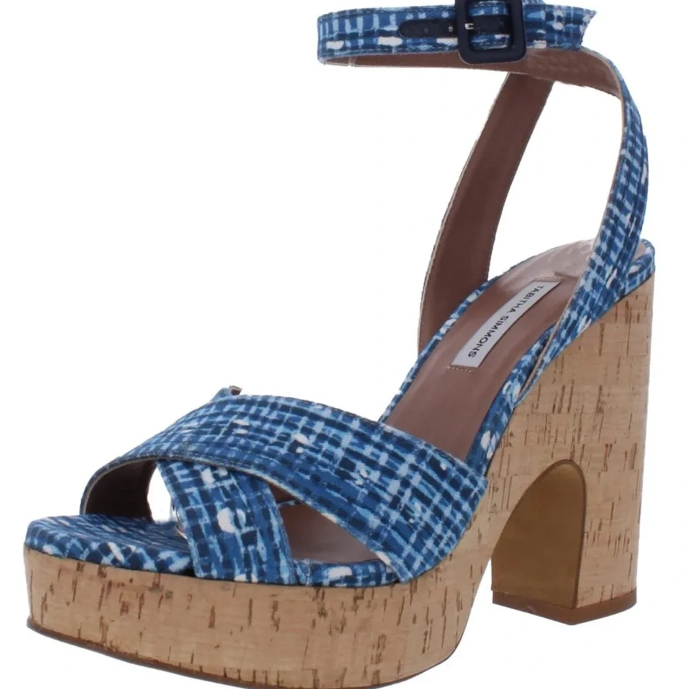 TABITHA SIMMONS gingham Elena blue NWT check cork platform volley 37 and 38.5